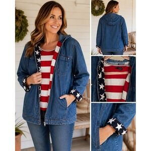 T & C Company Denim Jacket Women 2X Patriotic American Flag Lined‎ Hooded Zip